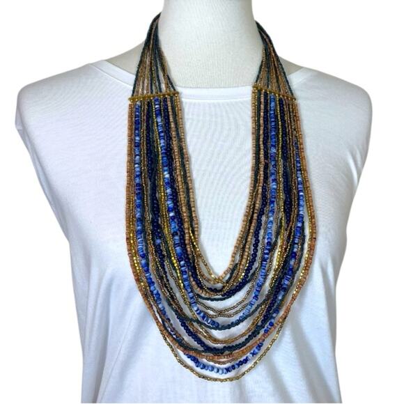 Chico’s Women’s Necklace Seed Bead Multi Strand Blue Navy Gold Tan 18” Length - Picture 2 of 10
